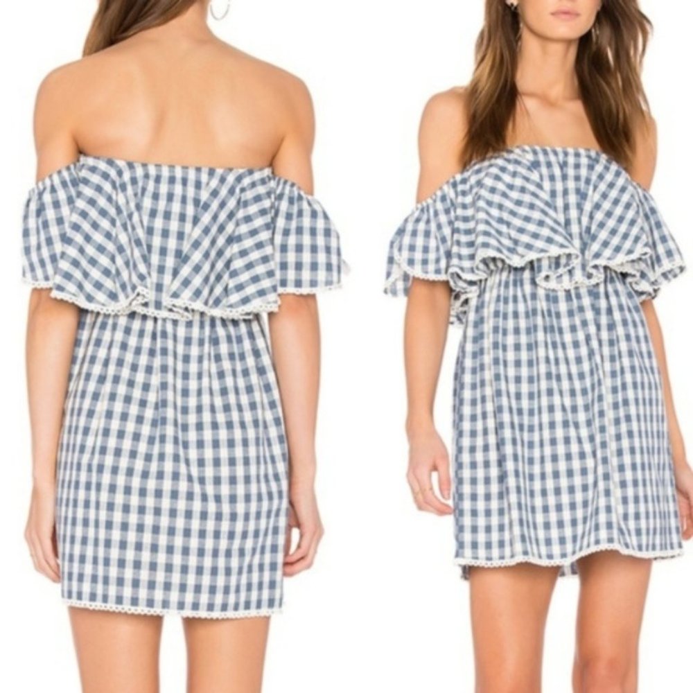 NWT {MISA} Blue Gingham Cold Shoulder Ruffle Dress